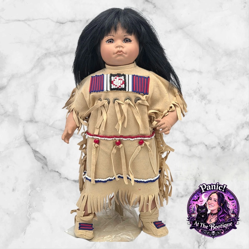 Vtg Hamilton Collection Native American Doll Little Cloud 15" Tan Beaded Fringe